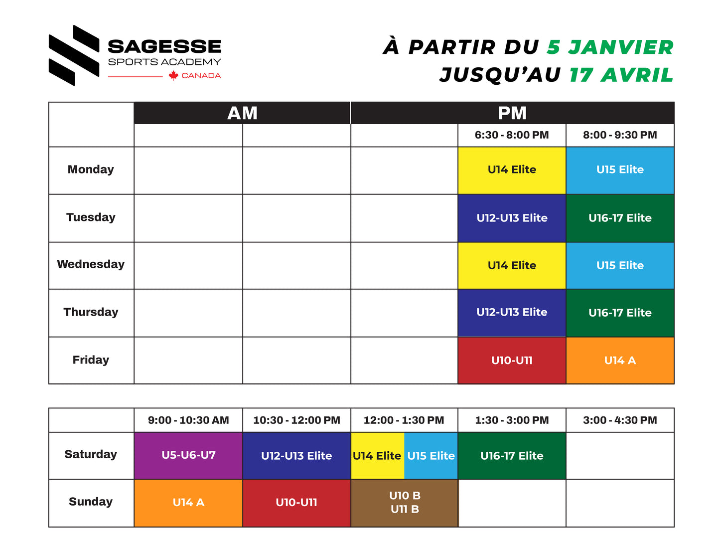 Calendrier janvier - avril 2026